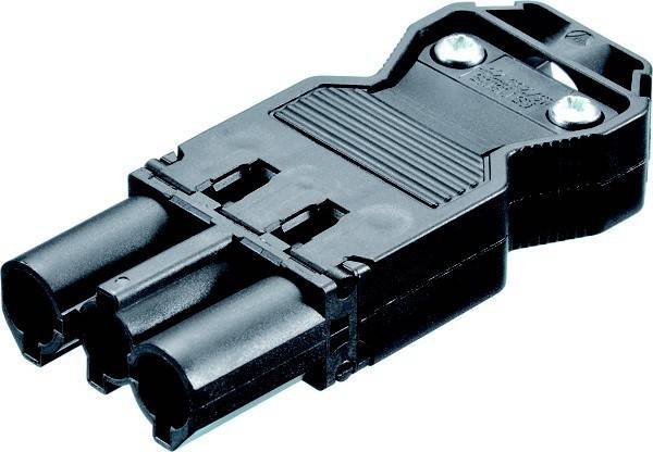 Schwarzer elektrischer Verbinder mit zwei zylindrischen Buchsen, gerippter Oberfläche und Befestigungslöchern, verwendet für industrielle Stromversorgungsanwendungen.