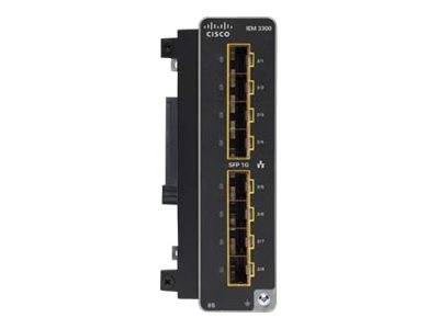 Cisco IE-3300 Netzwerk-Switch-Modul mit mehreren Ethernet-Anschlüssen und vier SFP-Uplink-Anschlüssen, Vorderansicht auf weißem Hintergrund