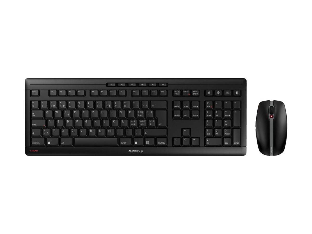 Schwarze kabellose Vollgrößen-Tastatur mit Zahlenblock und passende schwarze Maus auf weißem Hintergrund.