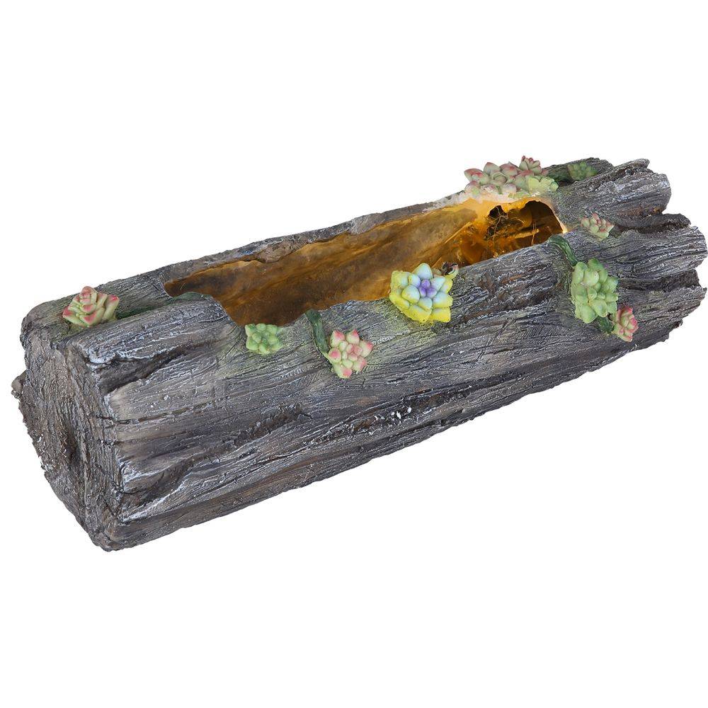 Solar Pflanzgefäß Beleuchtet Blumentopf Deko Licht für Haus und Garten in Baumstammoptik, grau antik, 1x LED warmweiß, LxH 44,3x13,5 cm