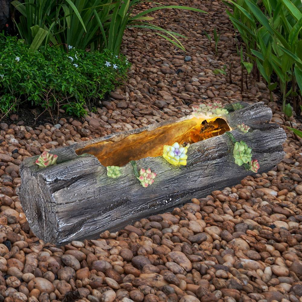 Solar Pflanzgefäß Blumentopf Deko Licht für Haus und Garten in Baumstammoptik, grau antik, 1x LED warmweiß, LxH 44,3x13,5 cm, 2er Set