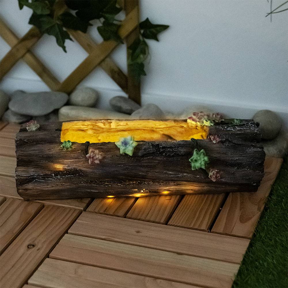 Solar Pflanzgefäß Blumentopf Deko Licht für Haus und Garten in Baumstammoptik, grau antik, 1x LED warmweiß, LxH 44,3x13,5 cm, 2er Set