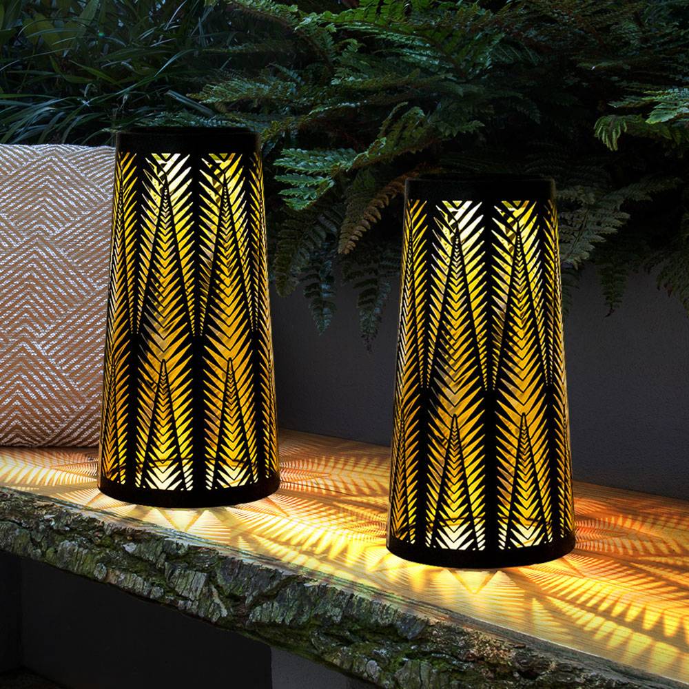 Solarlampe Tisch aussen Solarlicht Tisch für Außen Solar Laterne Balkon schwarz, Säule mit Lichteffekt, goldenes Innere,1x LED warmweiß, H 24,5 cm