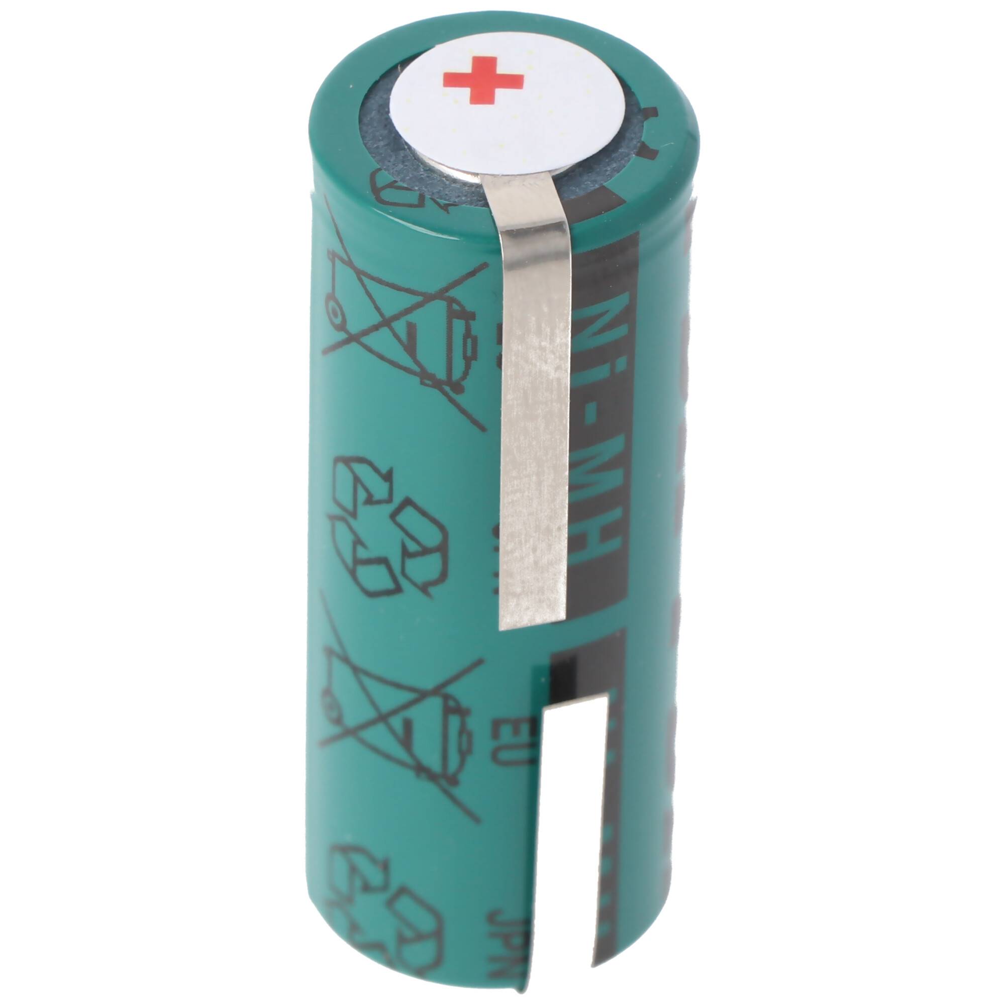 Grüne zylindrische wiederaufladbare Batterie mit roter Plusmarkierung oben und einem Metallanschlussstreifen, isoliert auf weißem Hintergrund dargestellt.