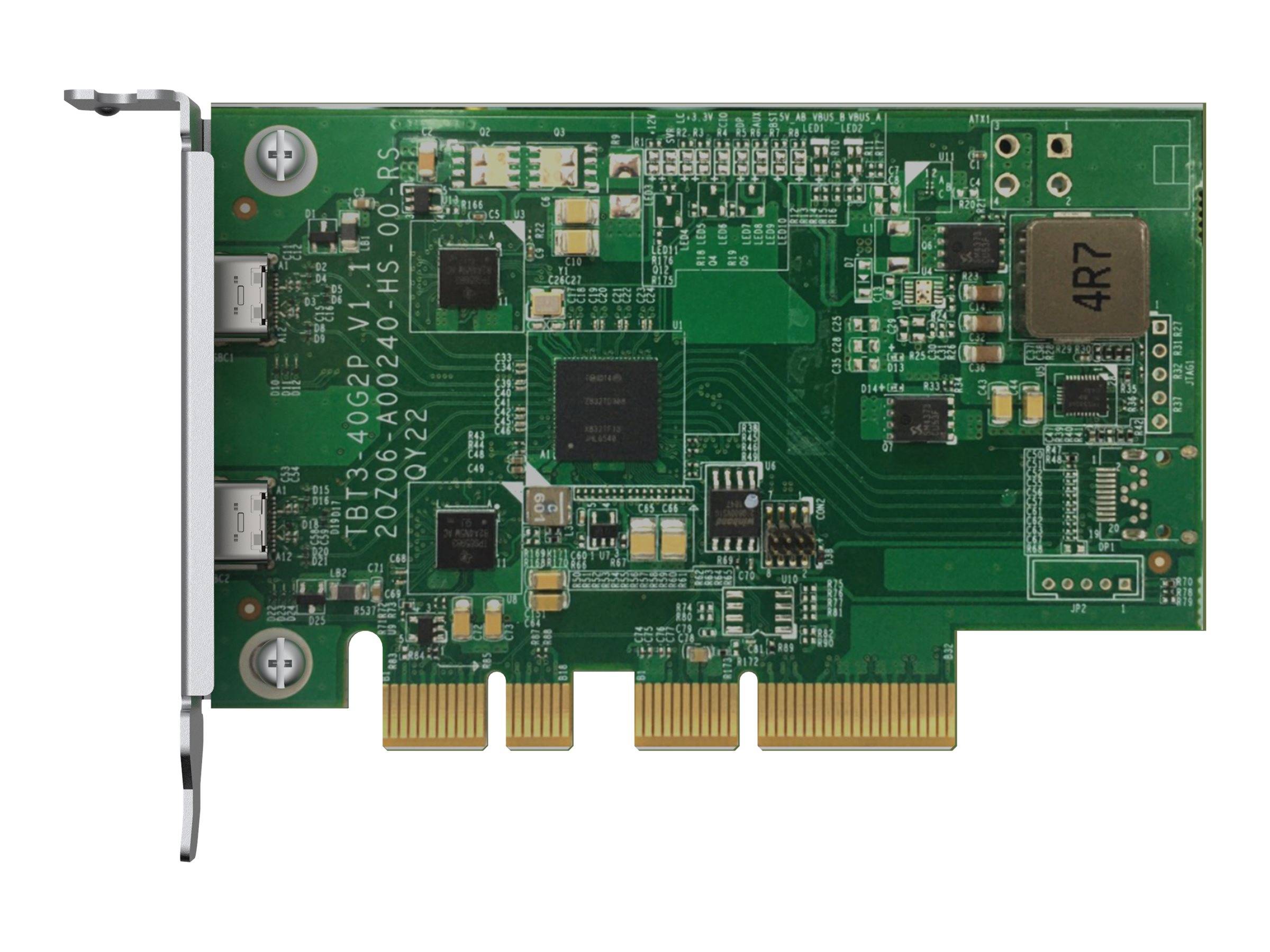 Grüne PCIe-Erweiterungskarte/Grafikkarte mit mehreren Chips und Anschlüssen, gezeigt auf weißem Hintergrund.