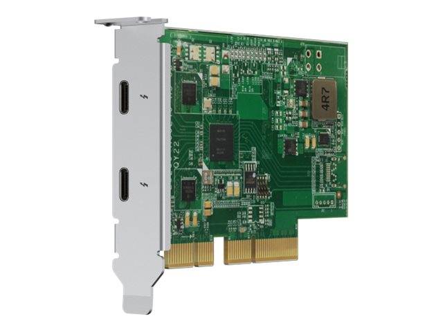 Eine PCIe-Erweiterungskarte mit zwei USB-C-Anschlüssen auf einer Metallhalterung und einer grünen Leiterplatte.