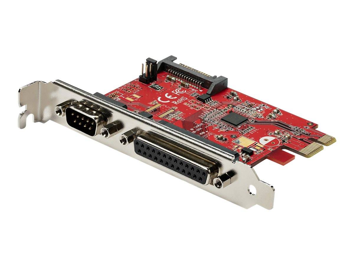 Rote interne PCIe-Erweiterungskarte mit Metallhalterung, ausgestattet mit einem seriellen Anschluss und einem Paralleldruckeranschluss.