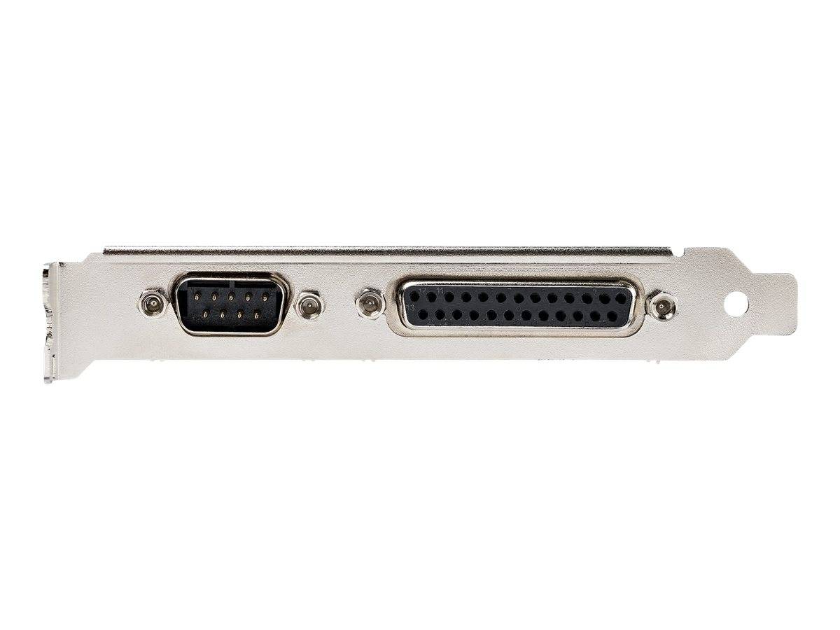 Computererweiterungskartenhaltebracket mit DB9-Seriellport- und DB25-Parallelport-Steckverbindern auf weißem Hintergrund