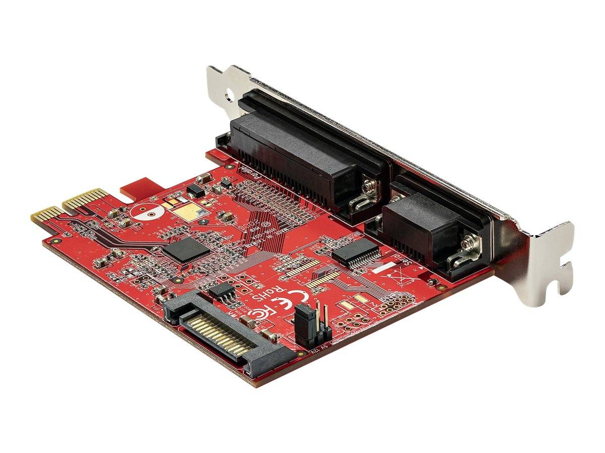Rote PCI-Erweiterungskarte mit zwei Parallelports und einer hinteren Metallhalterung zum Anschluss von Legacy-Peripheriegeräten.