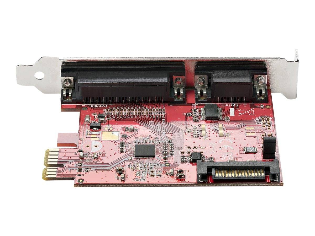 Interne Computererweiterungskarte mit rosa Leiterplatte, Metallhalterung und zwei schwarzen Anschlüssen/Steckverbindern.