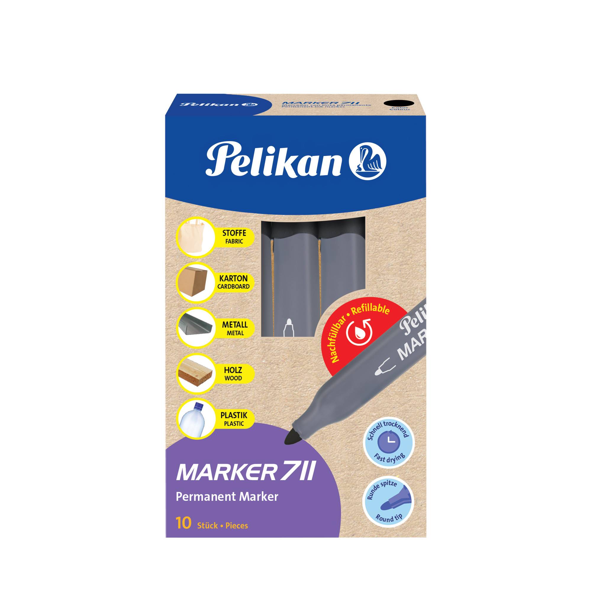 Pelikan 711, Schwarz, Schwarz, Grau, Karton, Stoff, Metall, Kunststoff, Holz, 10 Stück(e), Box