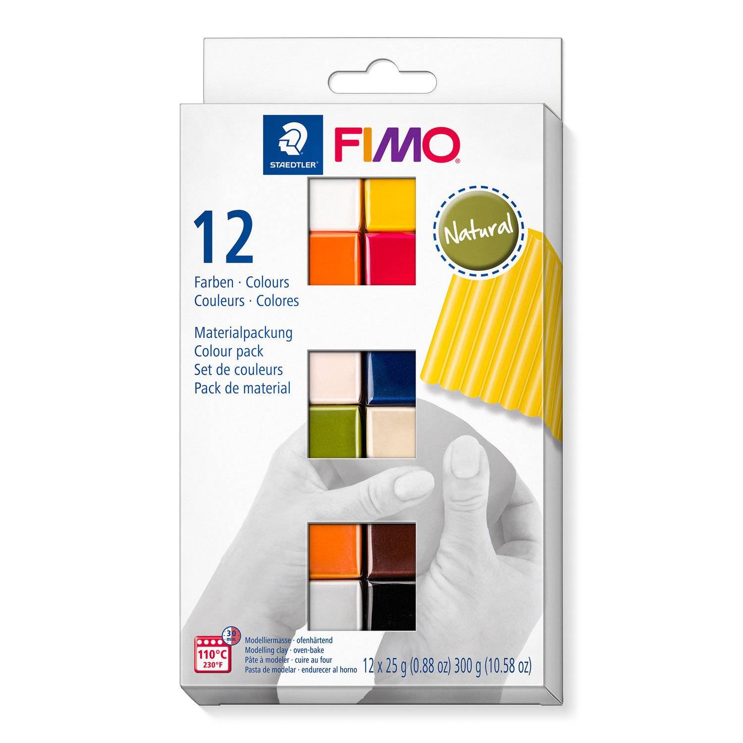 Staedtler FIMO 8023 C, Modellierton, Schwarz, Blau, Schokolade, Farbe Cognac, Grau, Olive, Orange, Pink, Rot, Weiß, Gelb, 12 Stück(e), 12 Farben, 11