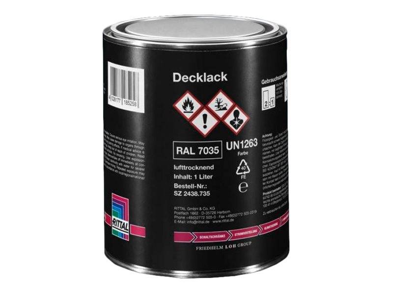 Schwarzer Farbdose mit Gefahrensymbolen, gekennzeichnet als 'Deckkack RAL 7035'. Inhalt 1 Liter, RAL-Code 7035, UN1263.