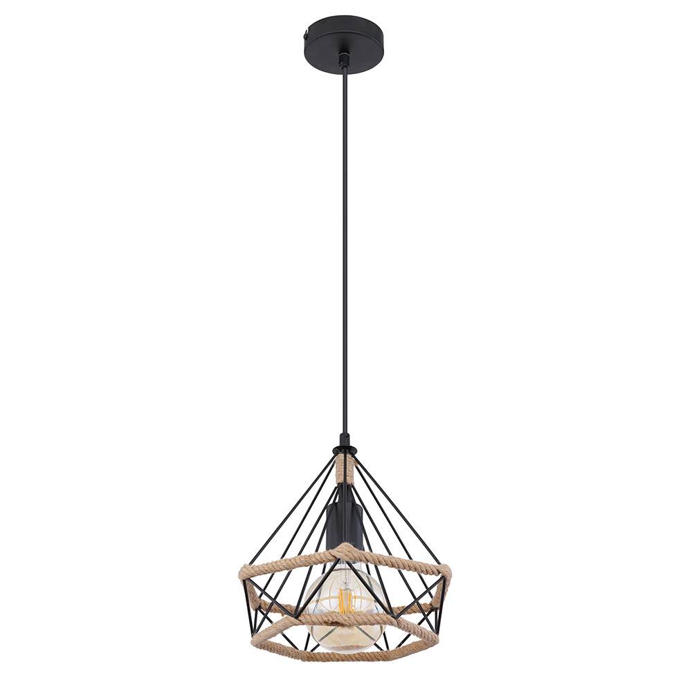 Pendelleuchte rustikal Vintage Wohnzimmerlampe Landhausstil Deckenleuchte Wohnzimmer hängend schwarz, Käfig in Diamantform Hanfseil, 1x E27, DxH 25x