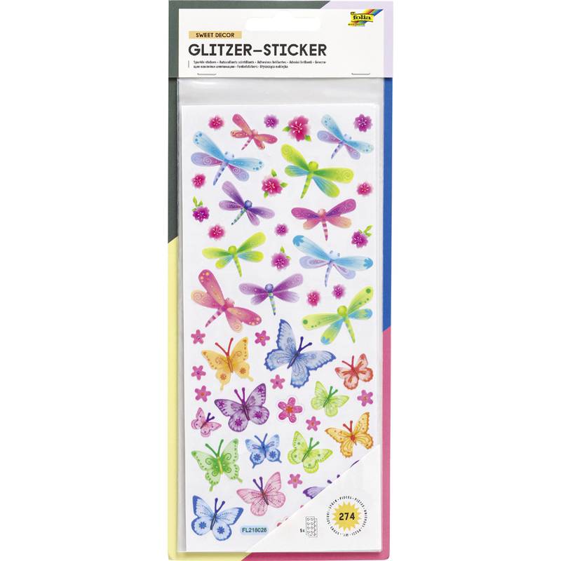 Ein Paket mit bunten Libellen- und Schmetterlingsstickern mit Glitzer, betitelt als 'Glitzer-Sticker', enthält 274 Stück.