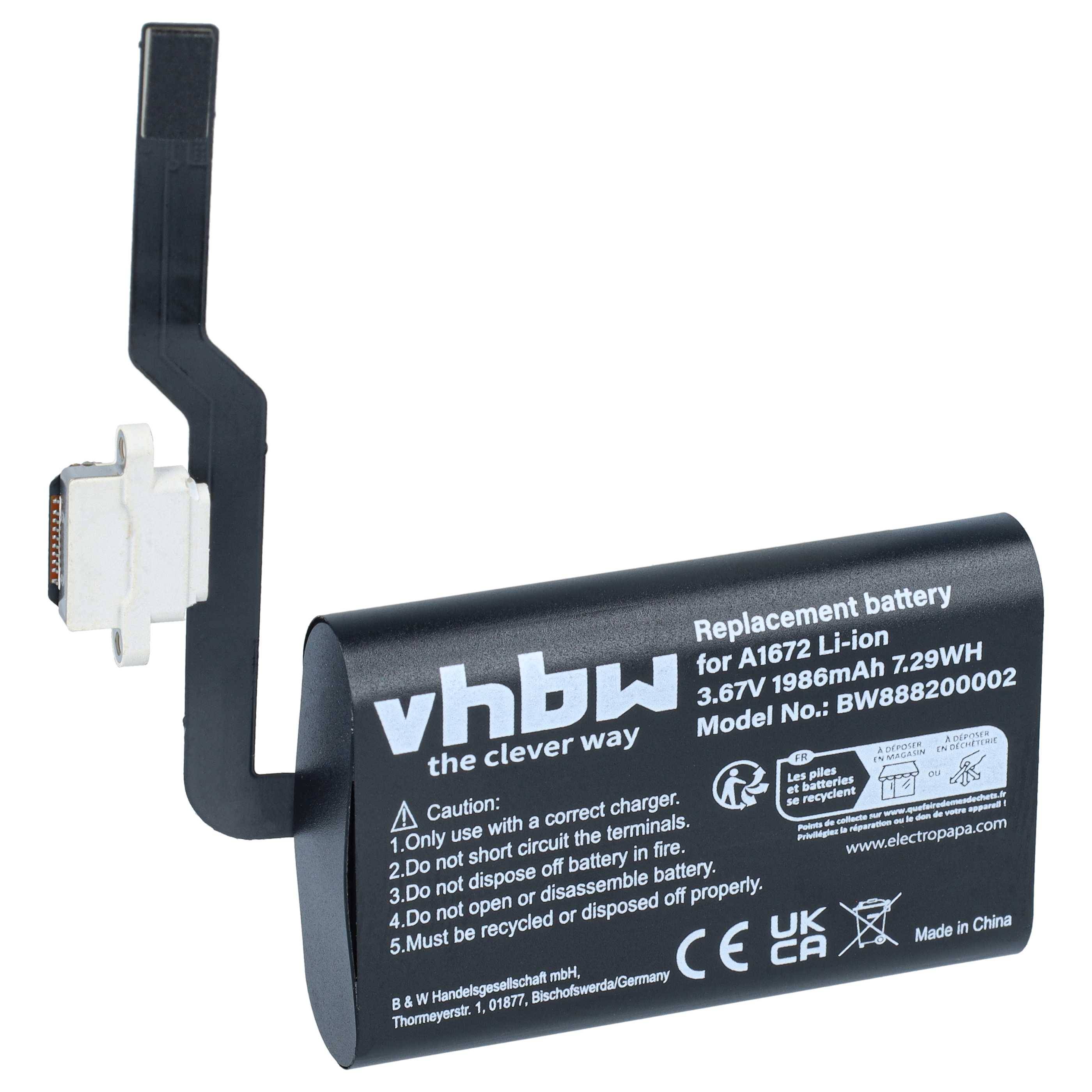 Ersatz-Lithium-Ionen-Akku mit Bezeichnung 'vhbw' für A1672 Li-Ion, 3,67V 1986mAh, mit Anschlusskabel.