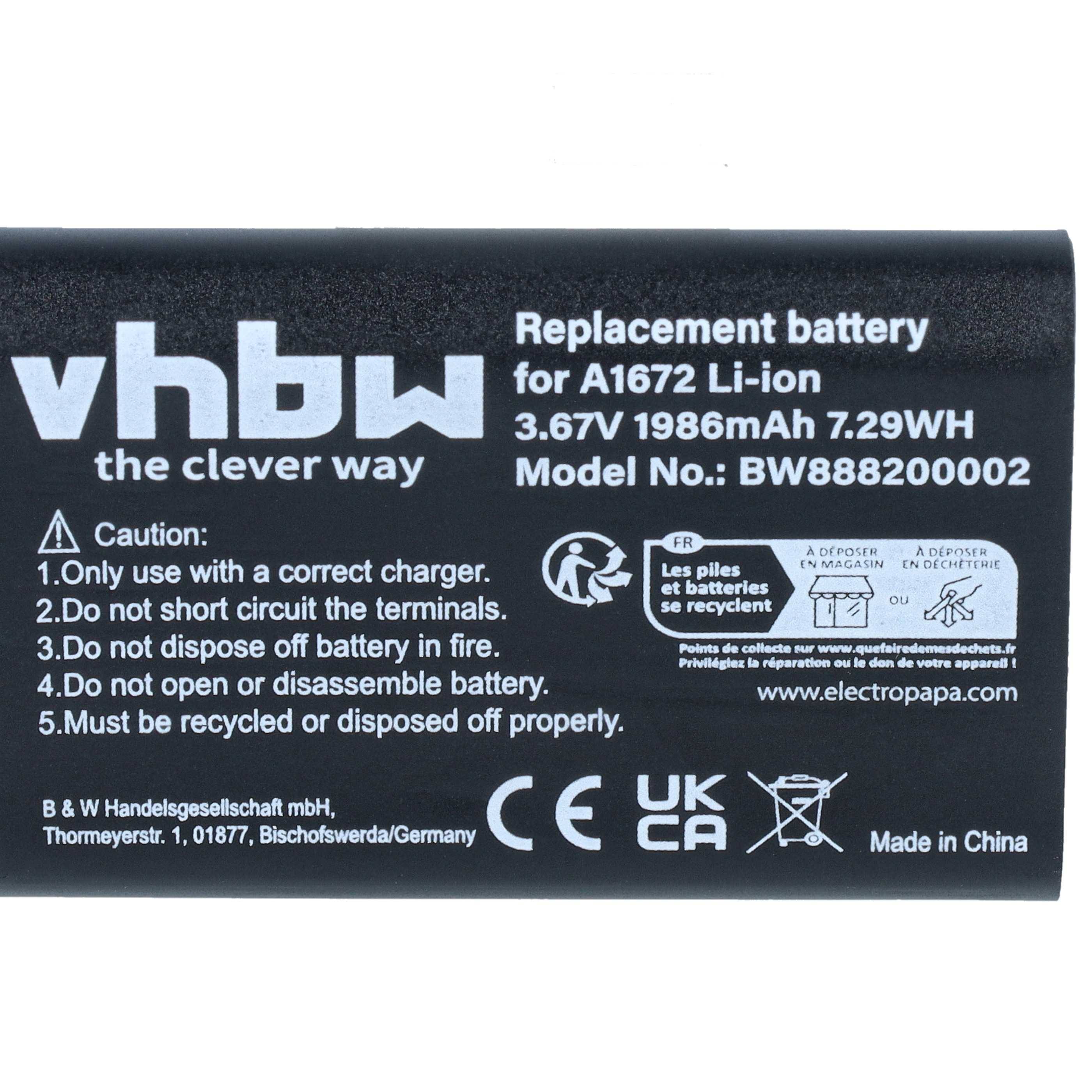 vhbw Akku Ersatz für Apple 020-00633 | 020-00634 für kabellose Maus (1986mAh, 3.67V, Li-Ion)