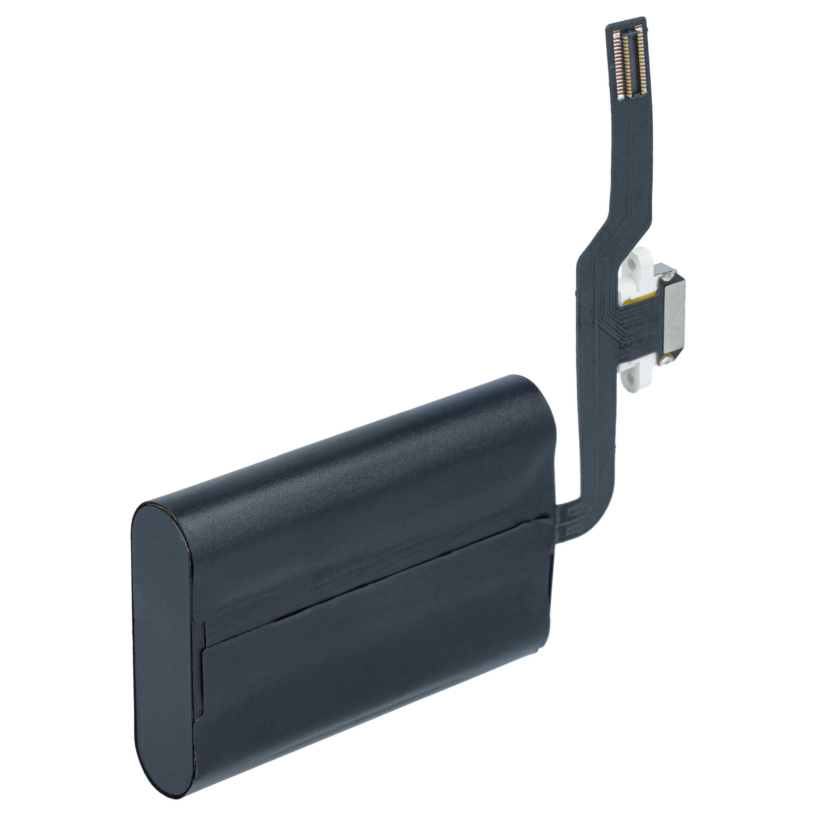 Schwarzes elektronisches Batteriepack mit flexiblem Verbindungskabel und goldenen Kontakten, isoliert auf weißem Hintergrund dargestellt.