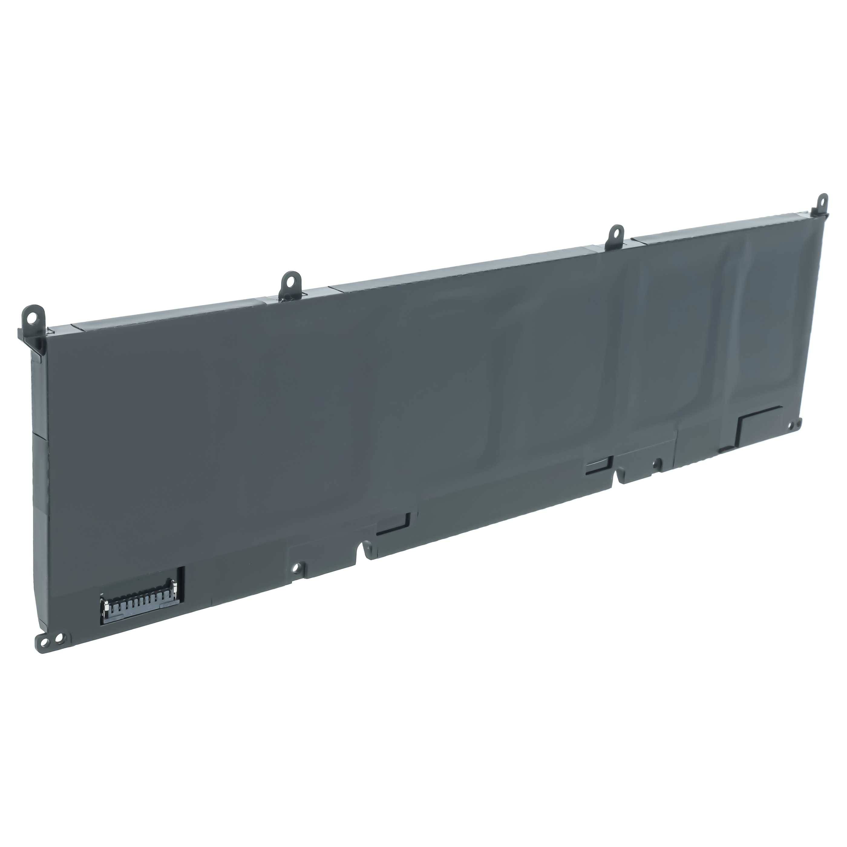 Langer grauer rechteckiger Batteriepack mit Befestigungslaschen und Anschlussanschlüssen, isoliert auf weißem Hintergrund dargestellt.
