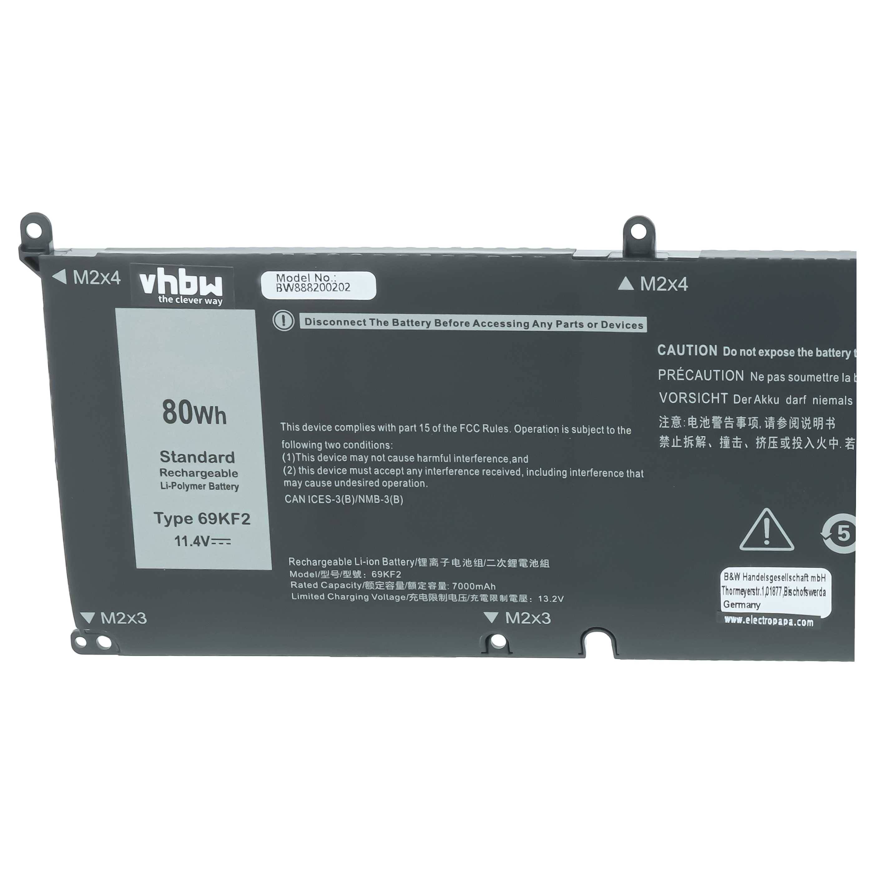 vhbw Akku kompatibel mit Dell Alienware ALW15M-5758W, M15 2020, M15 R3, M15 R3 P87F Notebook (7000mAh, 11,4V, Li-Polymer)