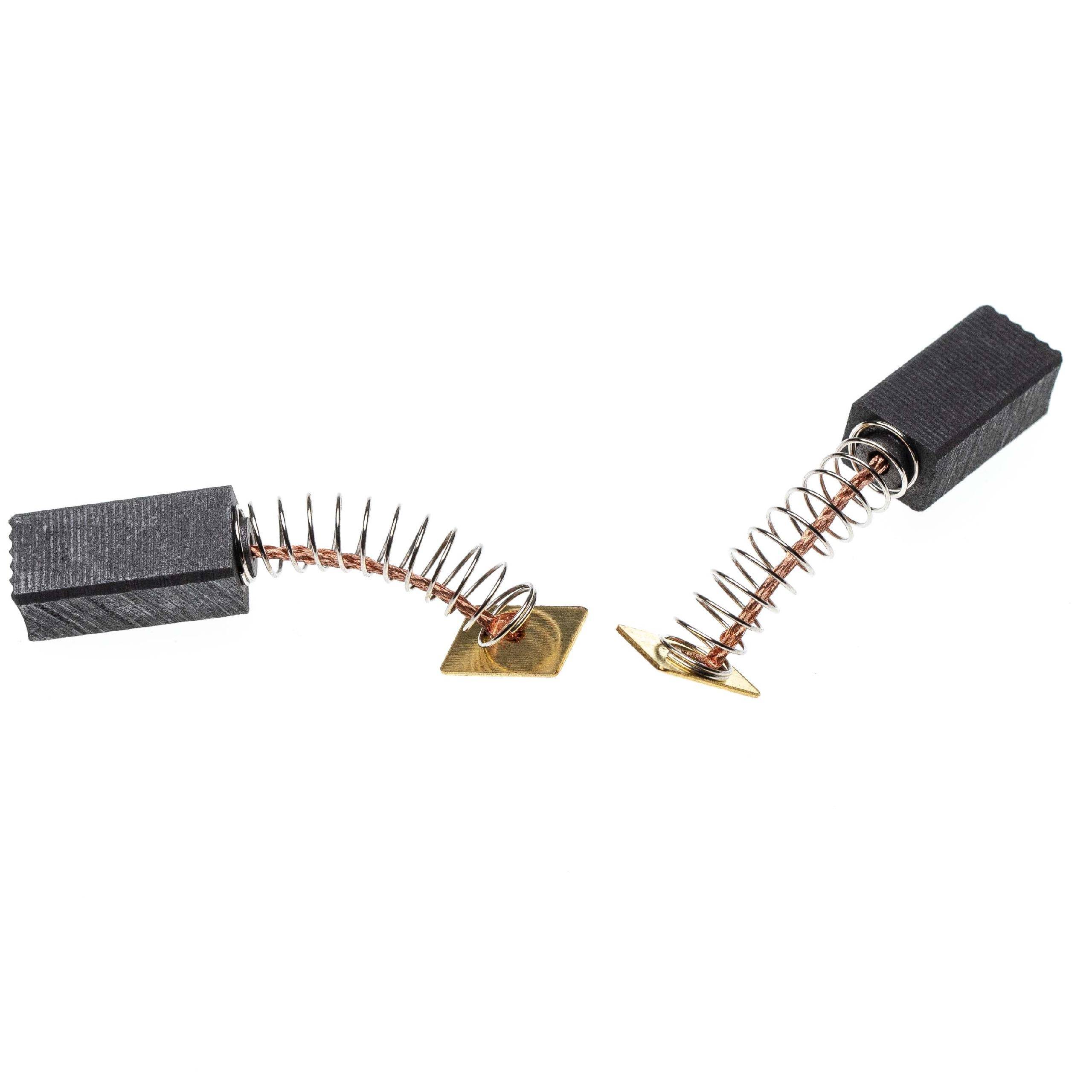 Zwei Kohlebürsten mit aufgewickelten Metallfedern, wahrscheinlich für elektrische Verbindungen in Motoren oder Generatoren verwendet.
