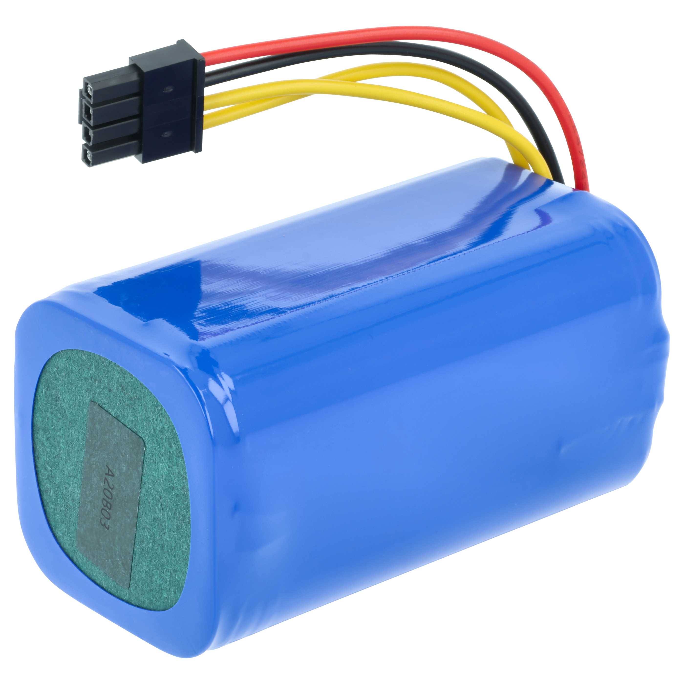 Blau verpacktes zylindrisches Batteriepack mit roten und gelben Drähten, die in einem schwarzen Stecker enden
