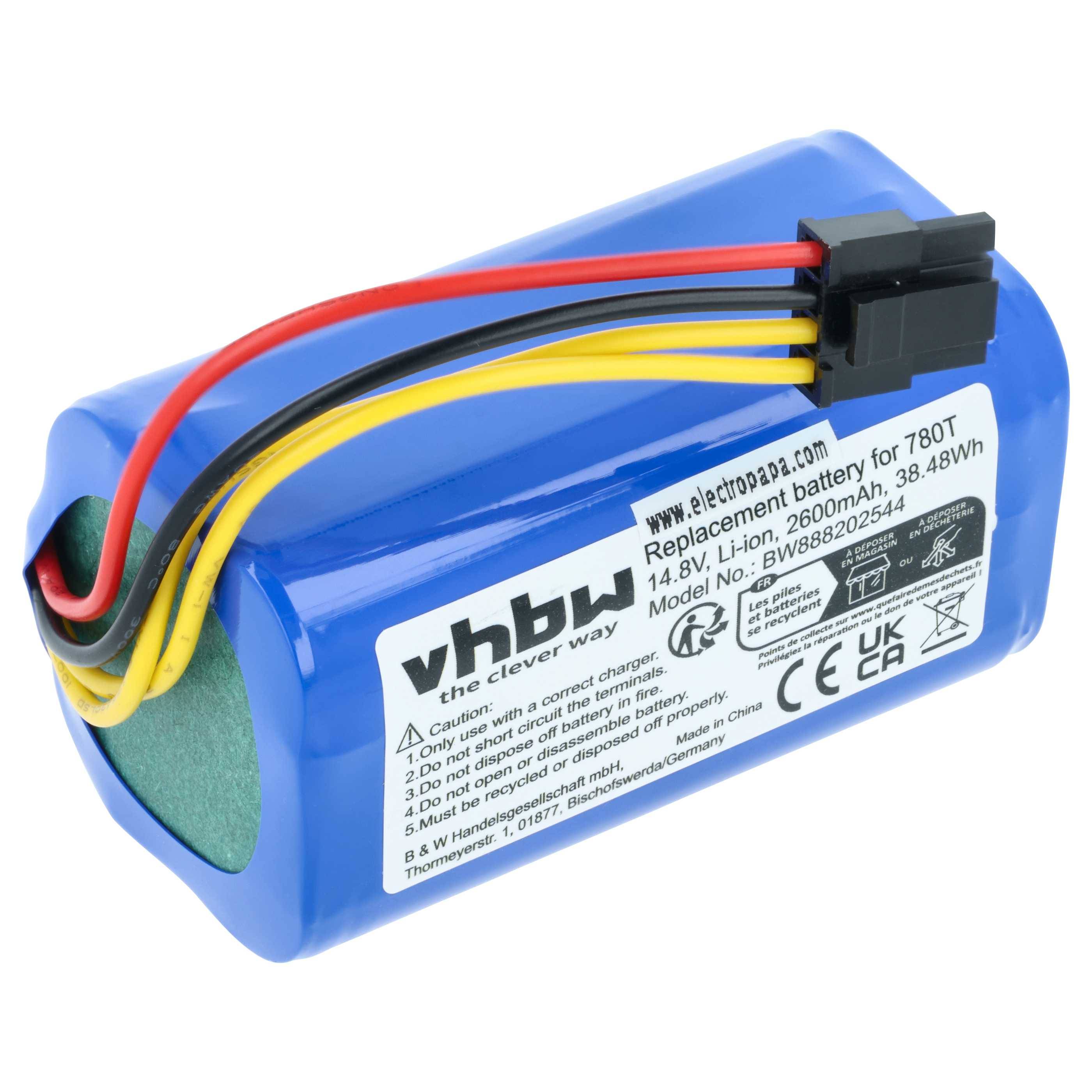 Blauer wiederaufladbarer Batteriepack mit angebrachten roten, schwarzen und gelben Drähten und Stecker; Etikett zeigt 'yhbw' Ersatzbatterie für 780T, 14,8V, 2600mAh.