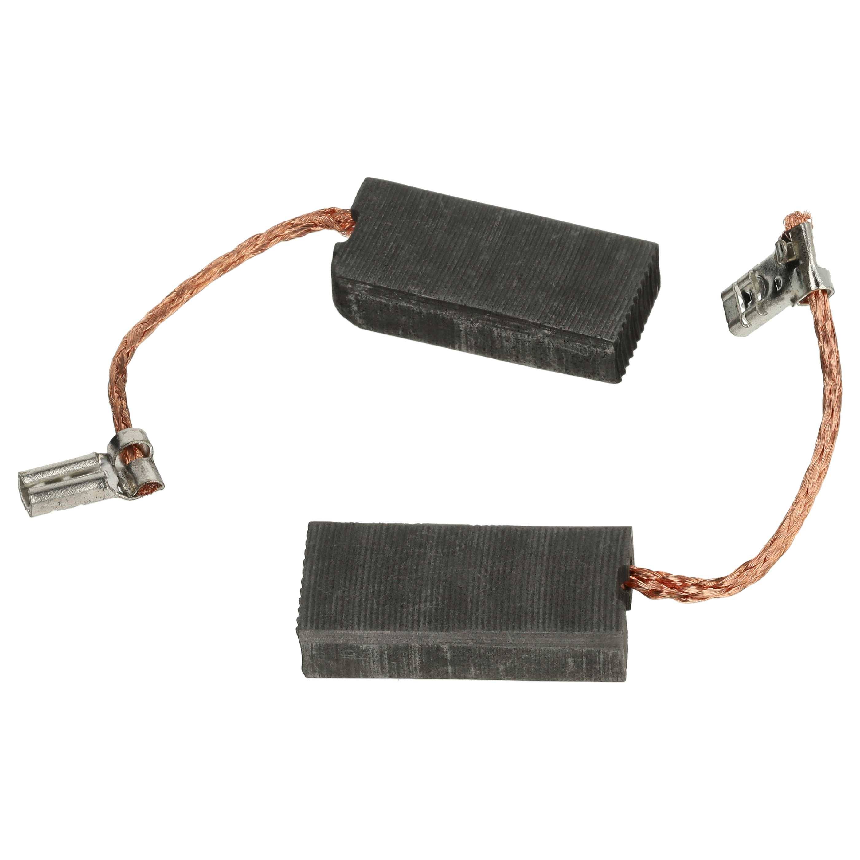 Zwei schwarze Kohlebürsten für Motoren, die durch Kupferdrähte mit Metallclips an jedem Ende verbunden sind.