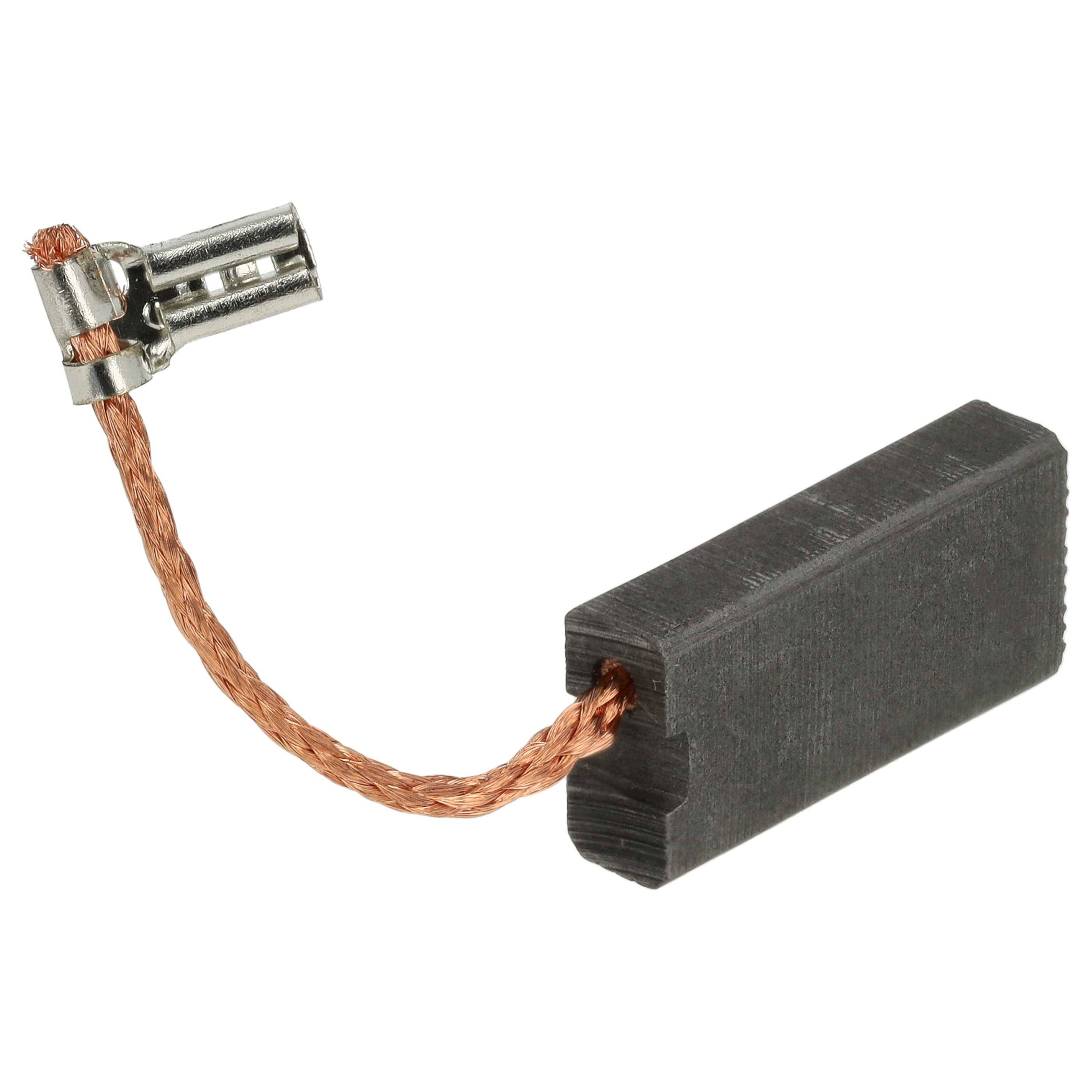 Eine rechteckige Kohlebürste mit einem befestigten Kupferdraht und einem Metallstecker am Ende, die in Elektromotoren verwendet wird.