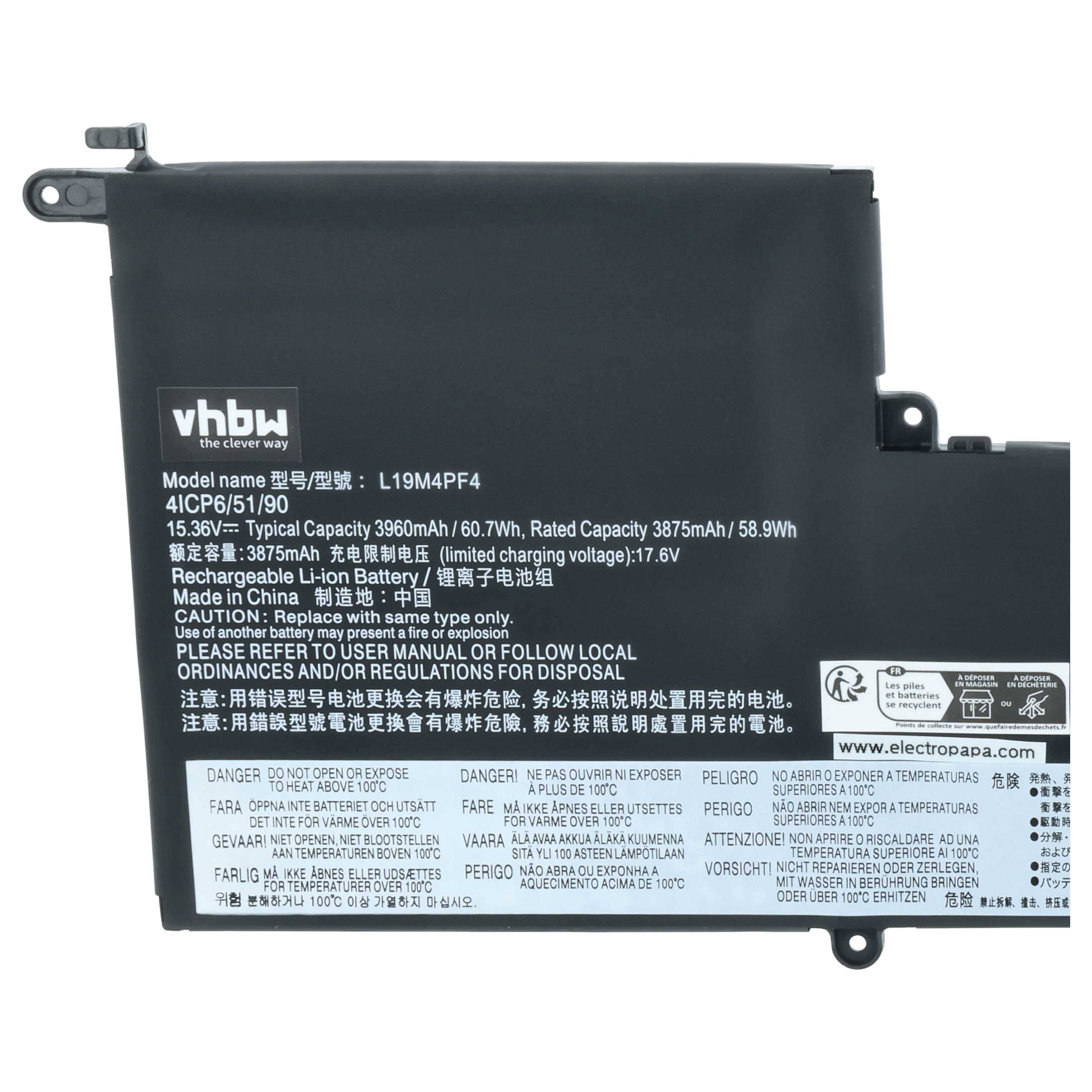 vhbw Akku kompatibel mit Lenovo Yoga 14s, 7 Slim 14ARE05, Slim 7-14ARE Notebook (3850 mAh, 15,36 V, Li-Polymer)