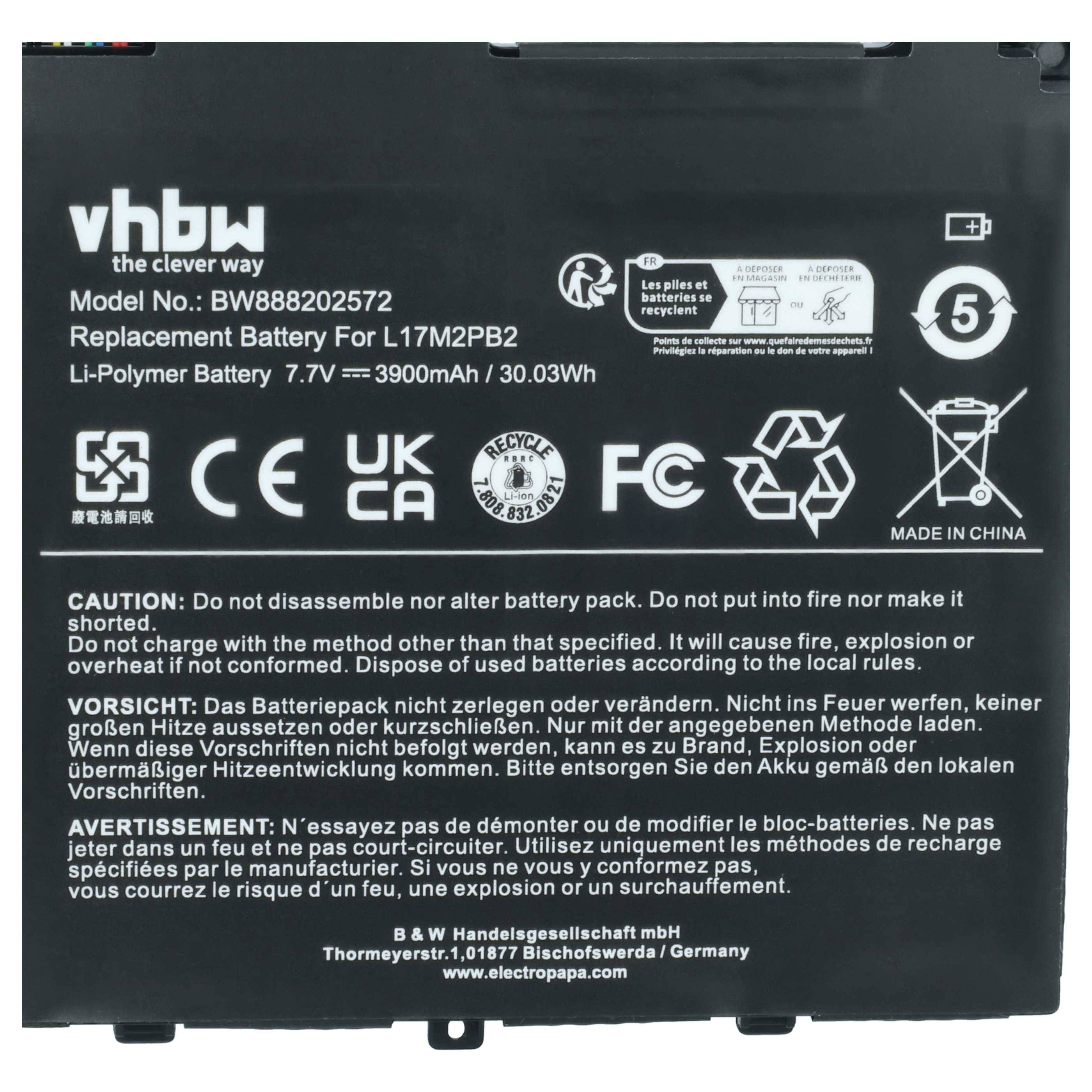 vhbw Akku kompatibel mit Lenovo V130-14IKB-81HQ00DFGE, V130-14IKB-81HQ00ELGE Notebook (3900 mAh, 7,7 V, Li-Polymer)