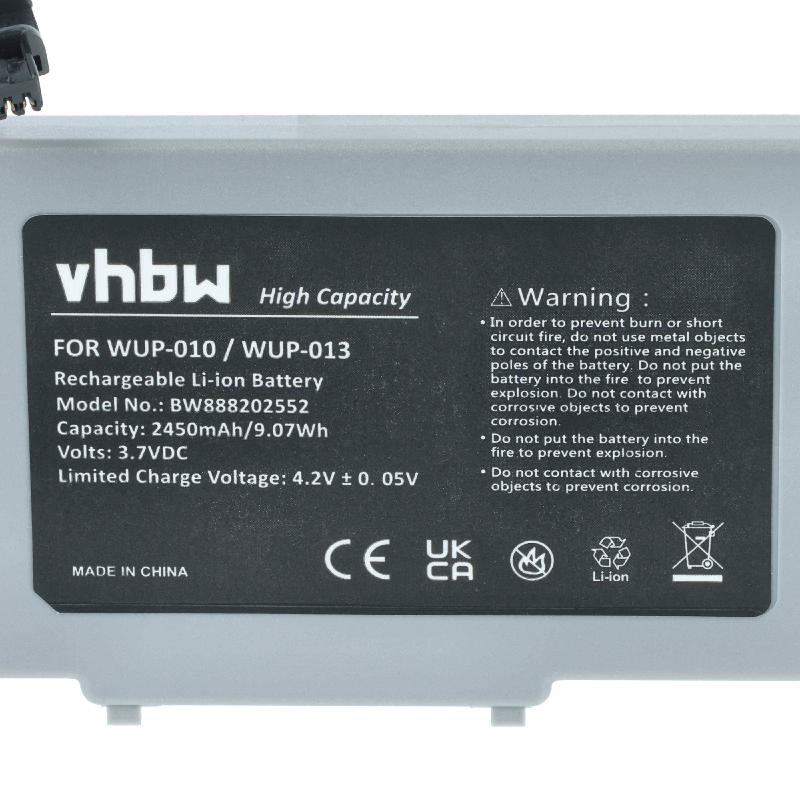 Eine rechteckige wiederaufladbare Lithium-Ionen-Batterie mit der Aufschrift 'vhbw High Capacity' mit aufgelisteten Spezifikationen, Warnhinweisen und Zertifizierungen.