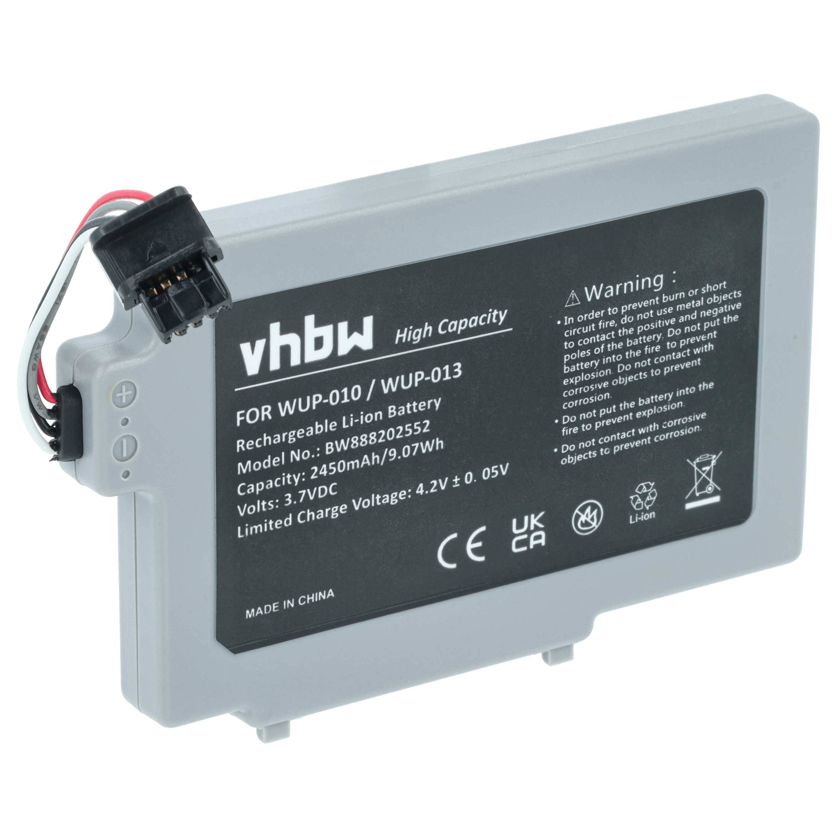 Eine wiederaufladbare Lithium-Ionen-Batterie mit der Bezeichnung 'vhbw High Capacity' mit Spezifikationen einschließlich 2450mAh, 9,07Wh, 3,7V, für Modelle WUP-010/WUP-013.