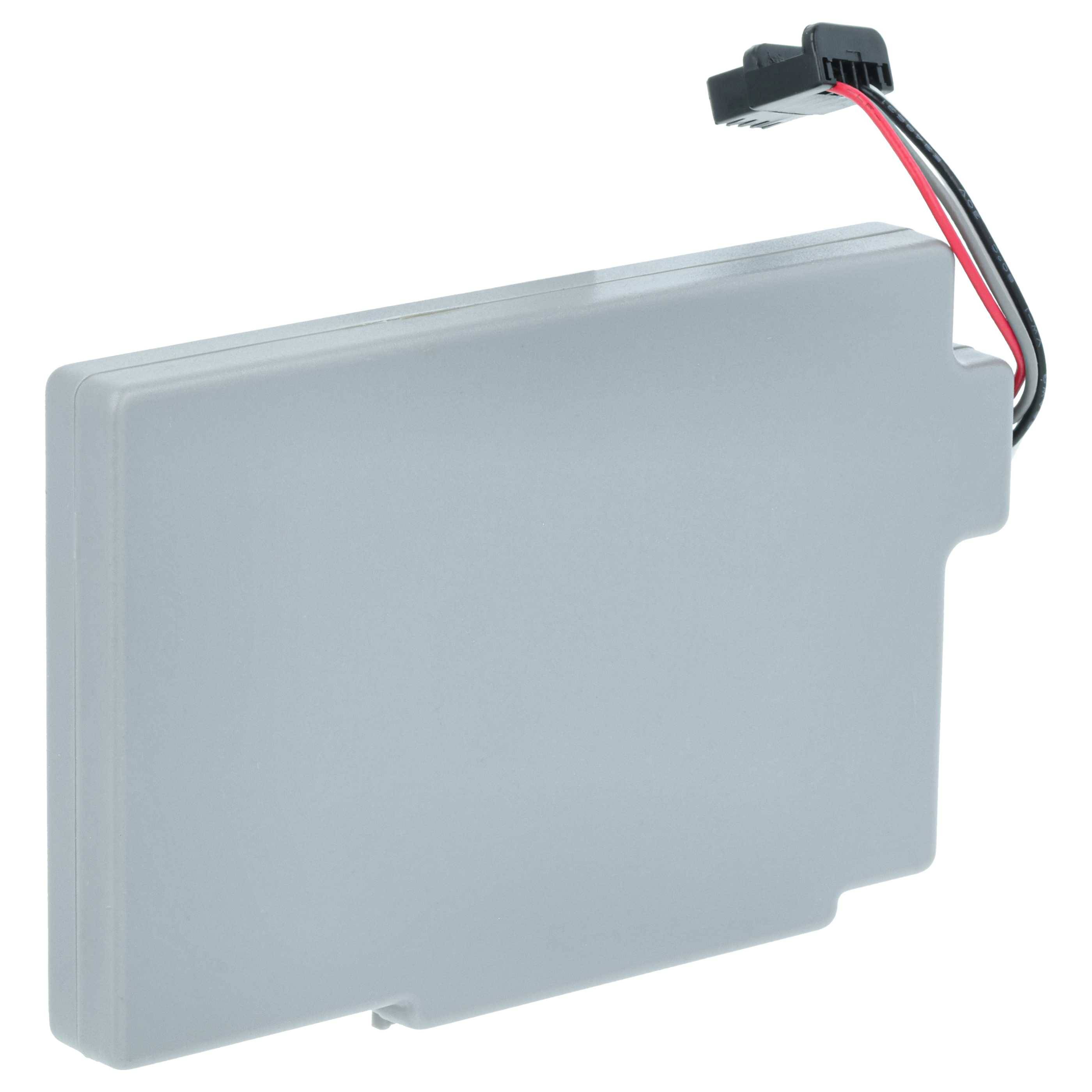 Eine graue, rechteckige wiederaufladbare Batterie mit angeschlossenen roten und schwarzen Kabeln, die in einem Steckverbinder enden und in elektronischen Geräten verwendet wird.
