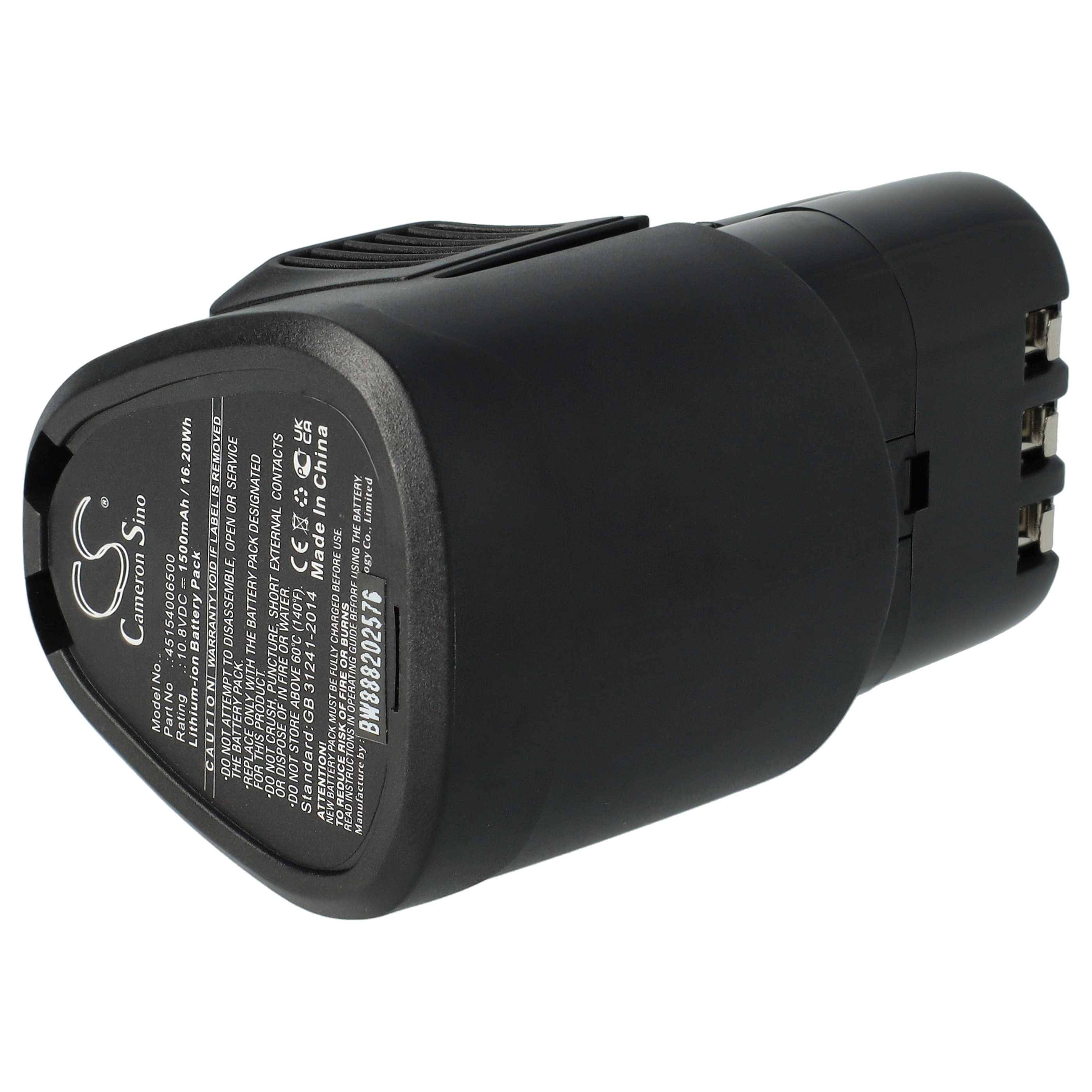 Eine schwarze kabellose Werkzeugbatterie mit Spezifikationen und Sicherheitshinweisen auf dem Etikett, entwickelt für tragbare Elektrowerkzeuge.