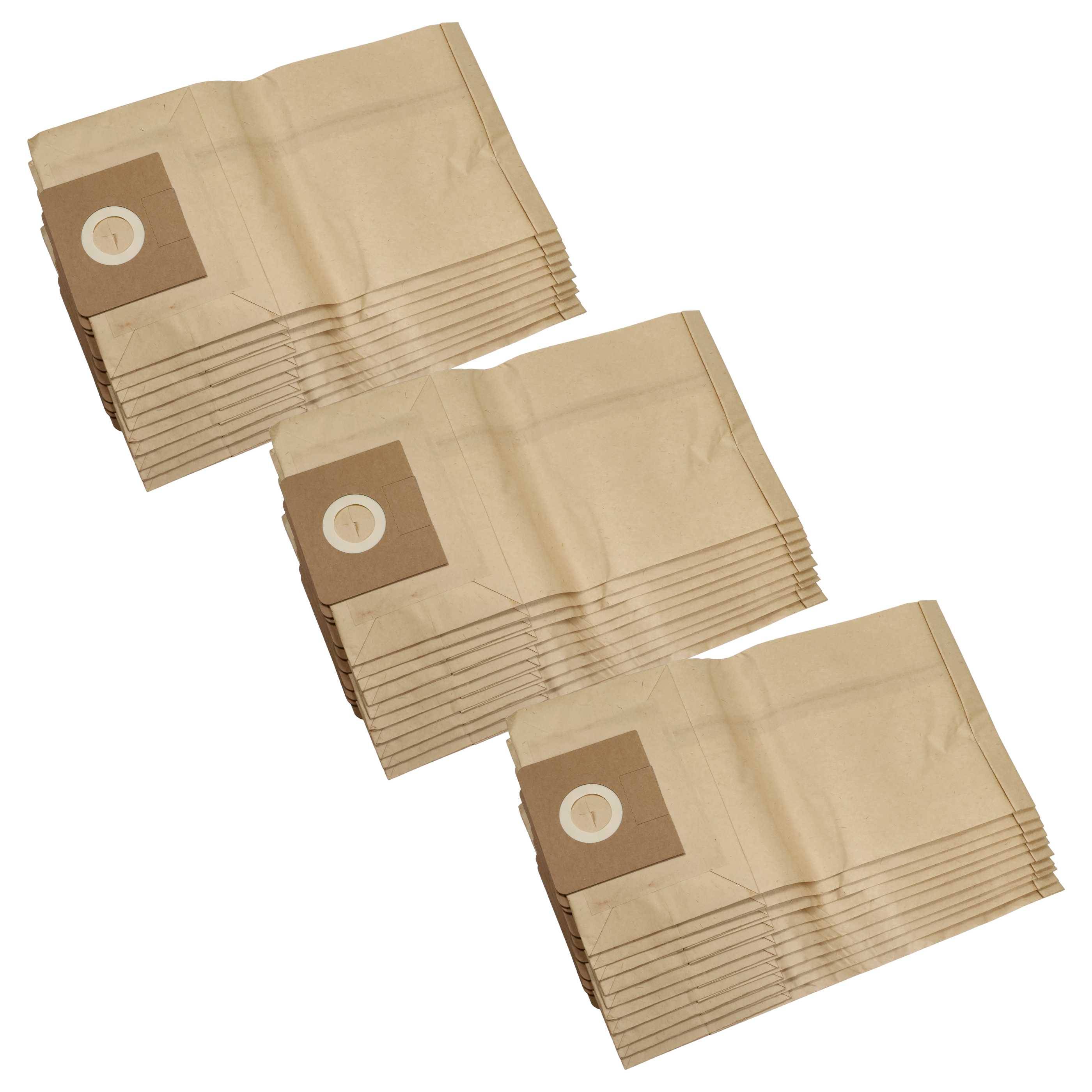 Drei beige Staubsaugerbeutel mit kreisförmigen Filterbefestigungen, nebeneinander auf weißem Hintergrund platziert.