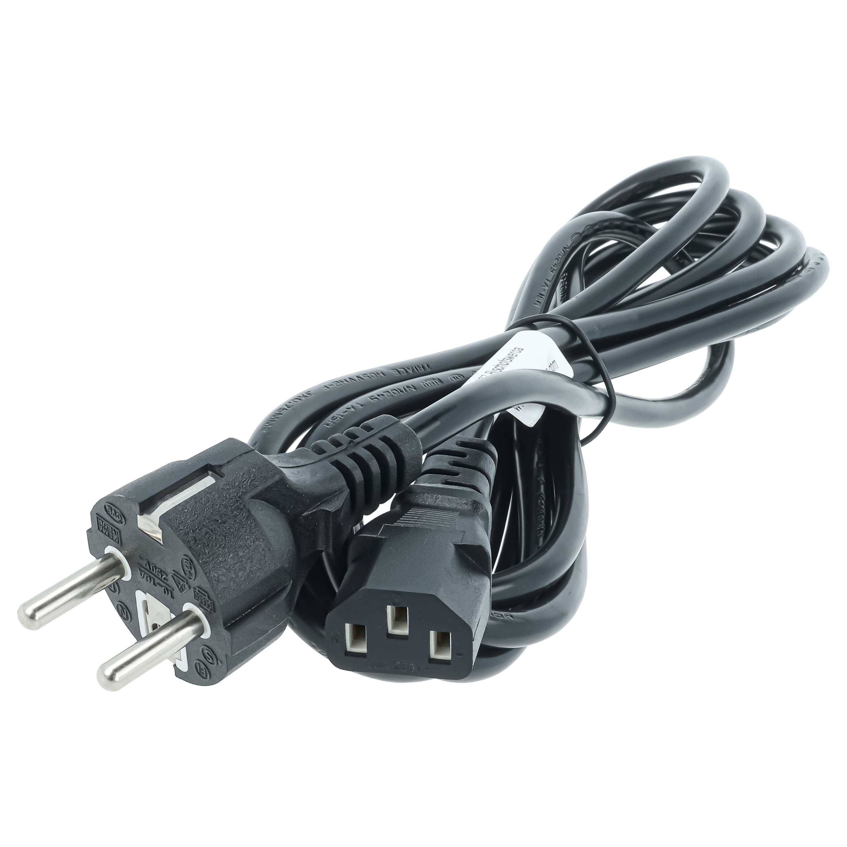 Aufgewickeltes schwarzes Stromkabel mit europäischem zweipoliger Stecker und IEC-Geräteanschluss auf weißem Hintergrund.