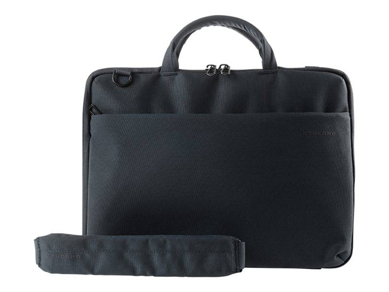 Schwarze Laptop-Aktentasche mit Griffen oben und Vordertasche, gezeigt mit einem passenden abnehmbaren Schultergurt.