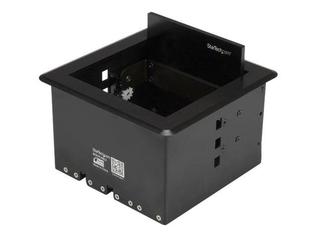 Schwarze StarTech.com Kabelorganisationsbox für den Schreibtisch mit offener Oberseite, seitlichen Ausschnitten und Befestigungslöchern zum Führen von Kabeln durch einen Schreibtisch.