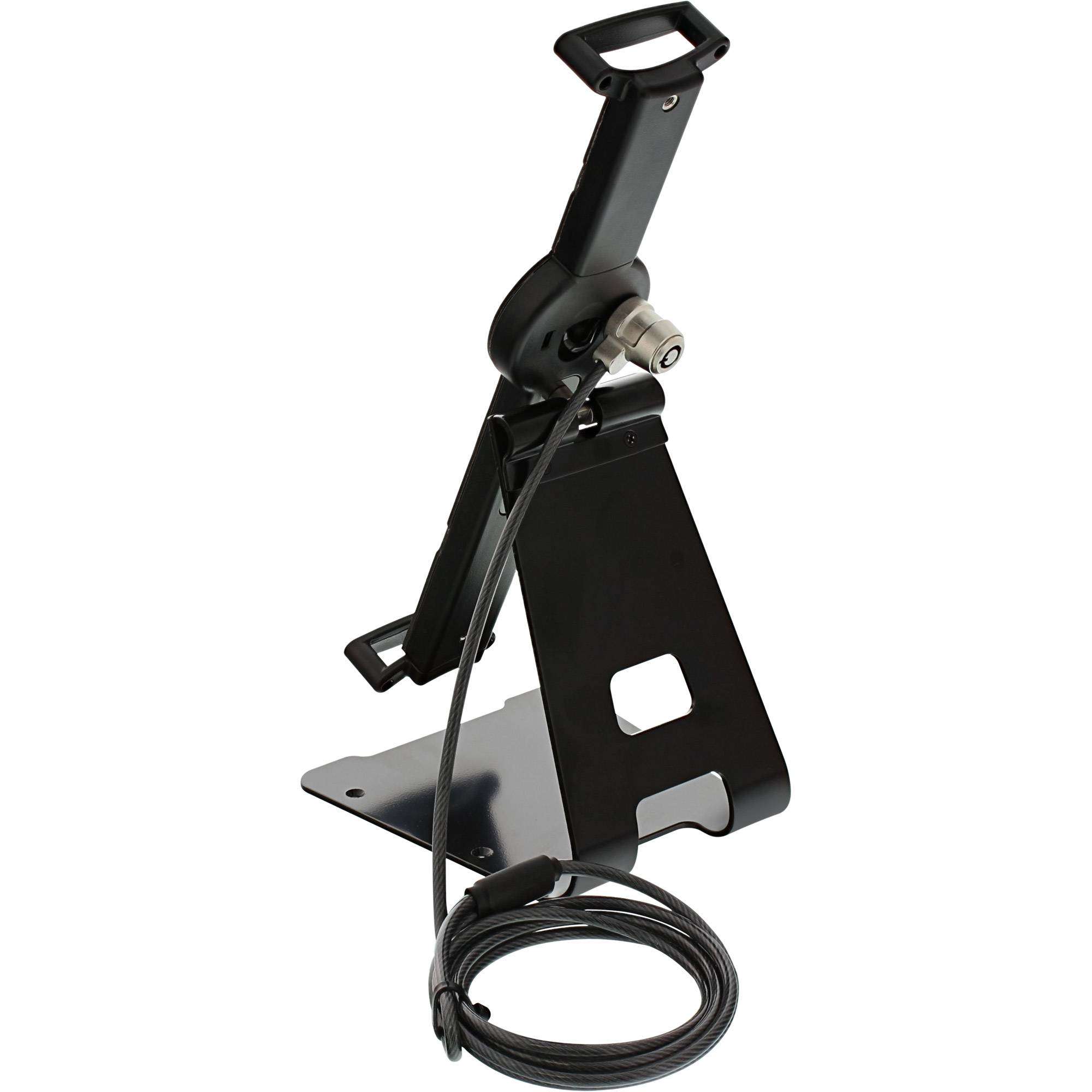 Schwarze Metallhand-Truck-ähnliche Stützvorrichtung mit angeschlossenem aufgewickeltem Kabel, dargestellt auf weißem Hintergrund.