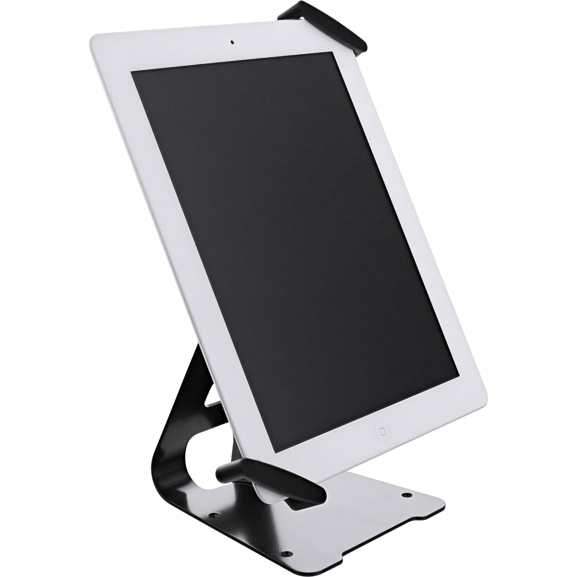 Weiße Tablette, die auf einem schwarzen Desktop-Ständer steht, in einem Winkel auf einem einfachen Hintergrund dargestellt.