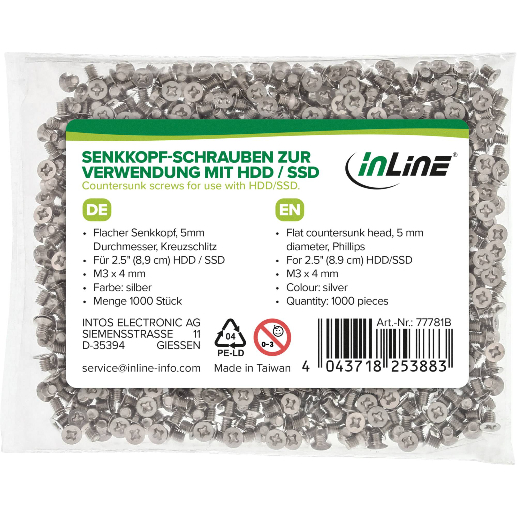 Beutel mit InLine Silber-Senkkopfschrauben (Phillips) für HDD/SSD, 1000 Stück, 3 x 4 mm, mit Produktetikett und Barcode.