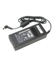 Schwarzer Laptop-Stromadapter mit aufgewickeltem Kabel und Stecker im rechten Winkel auf weißem Hintergrund.