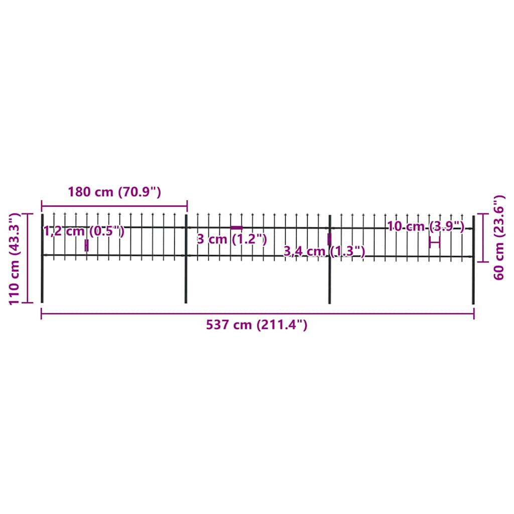 vidaXL Gartenzaun mit Speerspitzen Stahl 5,1 x 0,6 m Schwarz