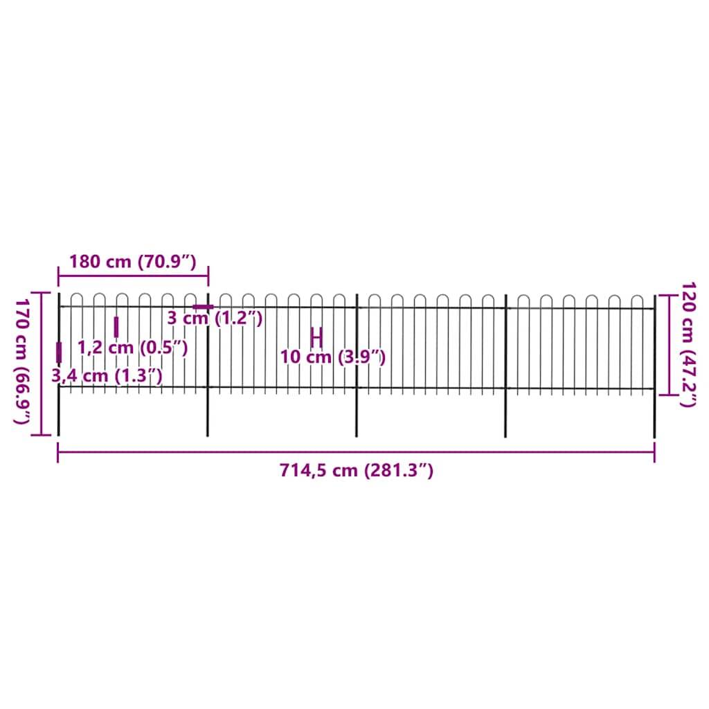 vidaXL Gartenzaun mit Bügel-Design Stahl 6,8 x 1,2 m Schwarz