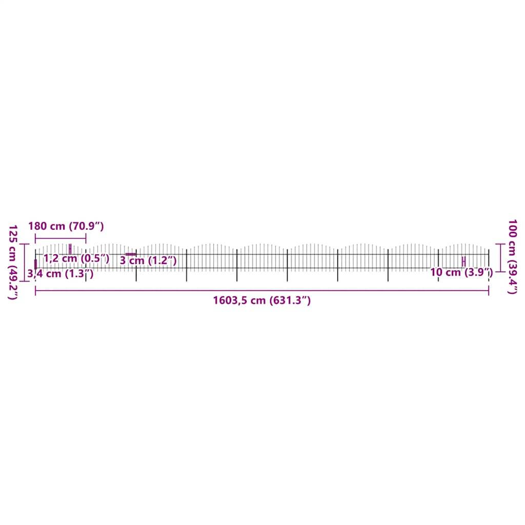 vidaXL Gartenzaun mit Speerspitzen Stahl (1 - 1,25) x 15,3 m Schwarz
