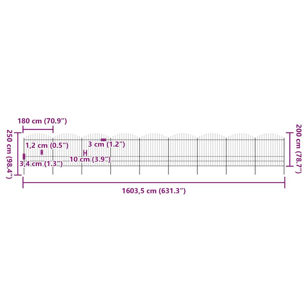 vidaXL Gartenzaun mit Speerspitzen Stahl (1,75 - 2) x 15,3 m Schwarz