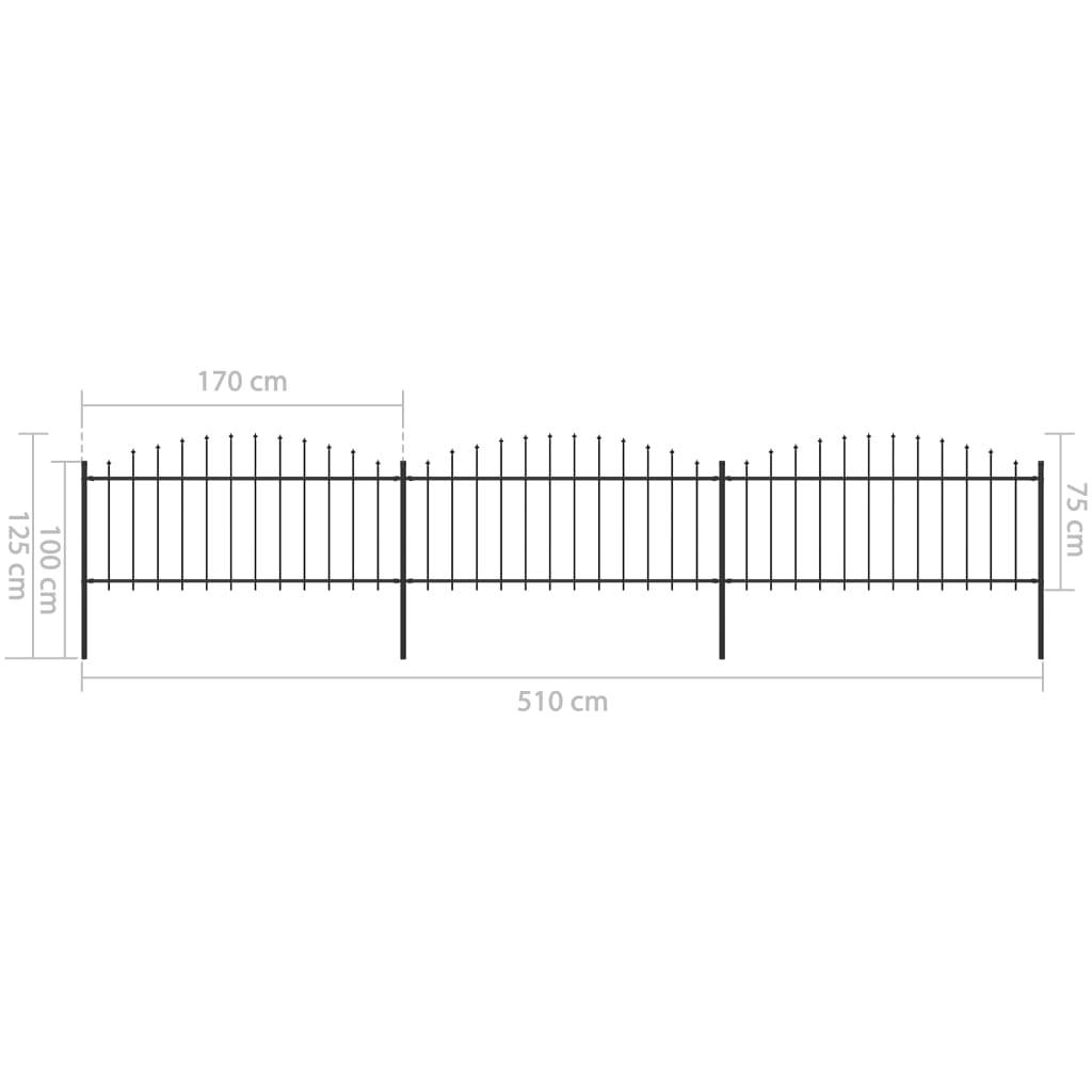 vidaXL Gartenzaun mit Speerspitzen Stahl (0,5 - 0,75) x 5,1 m Schwarz