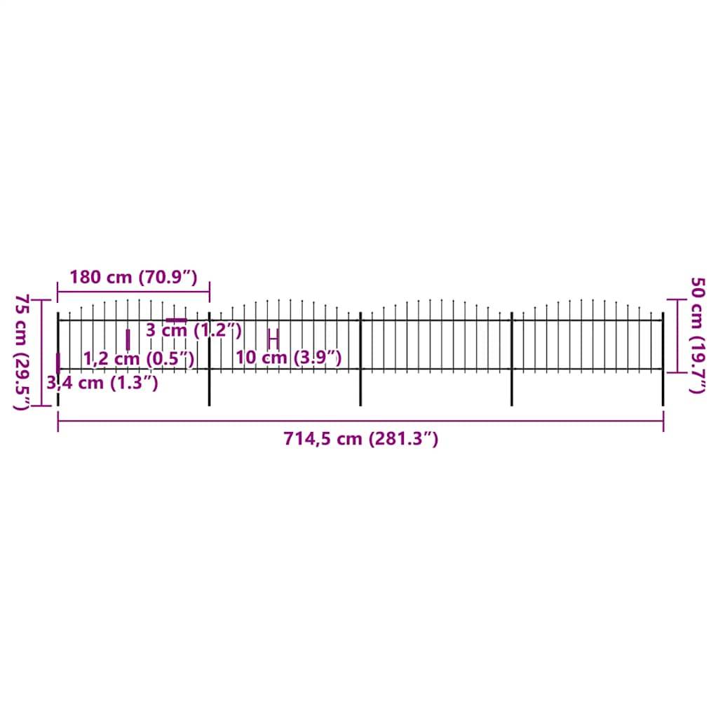 vidaXL Gartenzaun mit Speerspitzen Stahl (0,5 - 0,75) x 6,8 m Schwarz