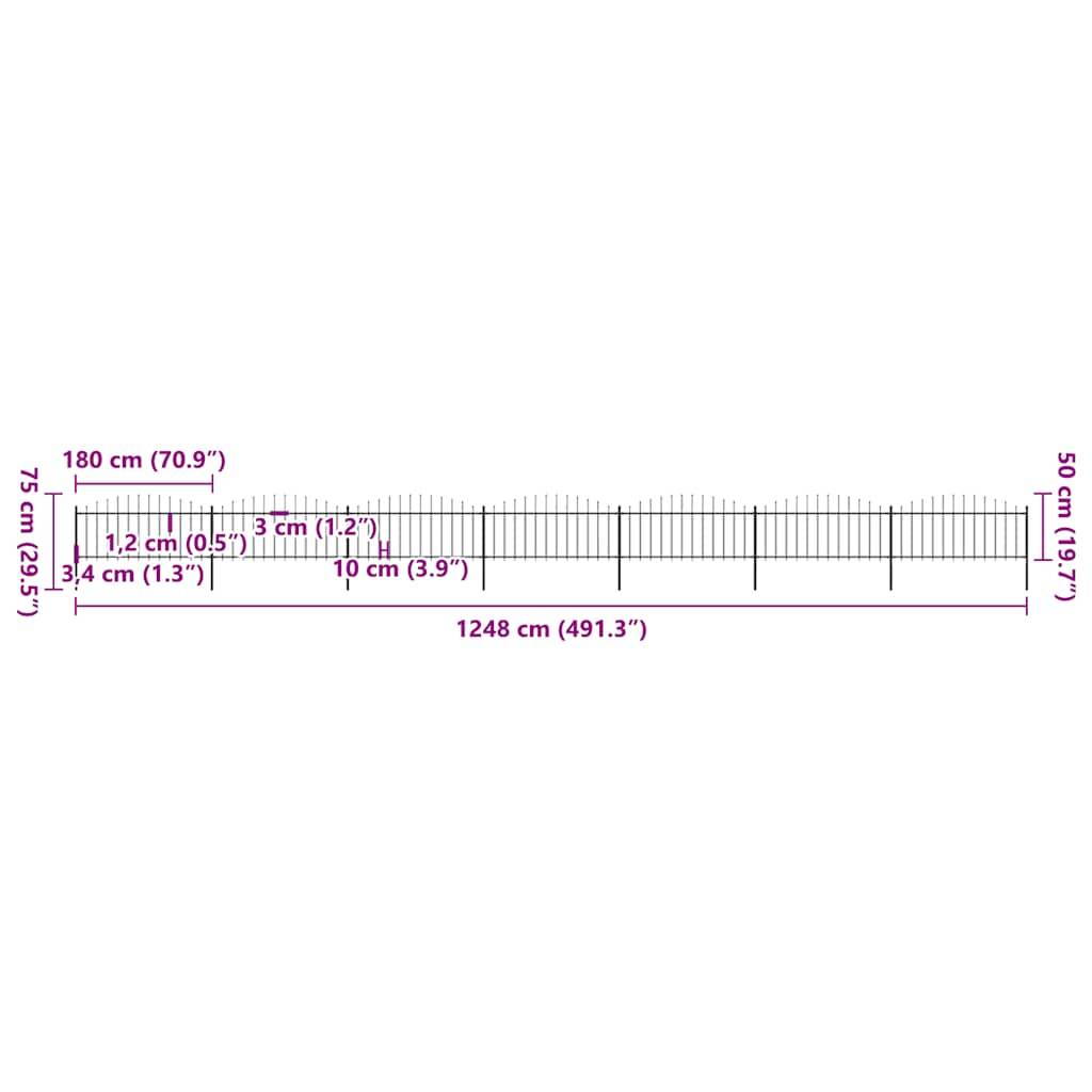 vidaXL Gartenzaun mit Speerspitzen Stahl (0,5 - 0,75) x 11,9 m Schwarz
